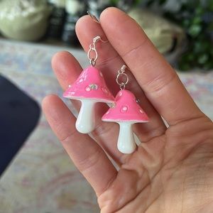Bright neon pink dangle mushroom earrings with rhinestones